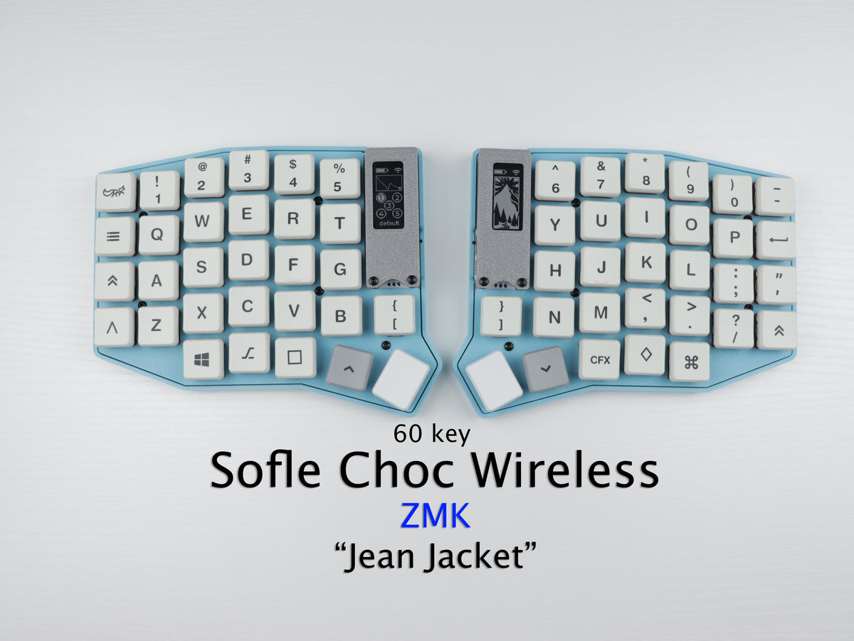 60-key Sofle Choc Wireless keyboard with ZMK branding on a light gray background