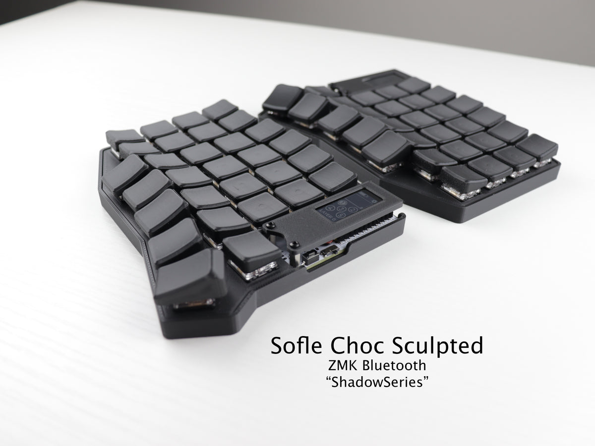 Black Sofle Choc Sculpted keyboard on a white background with text indicating brand and series.