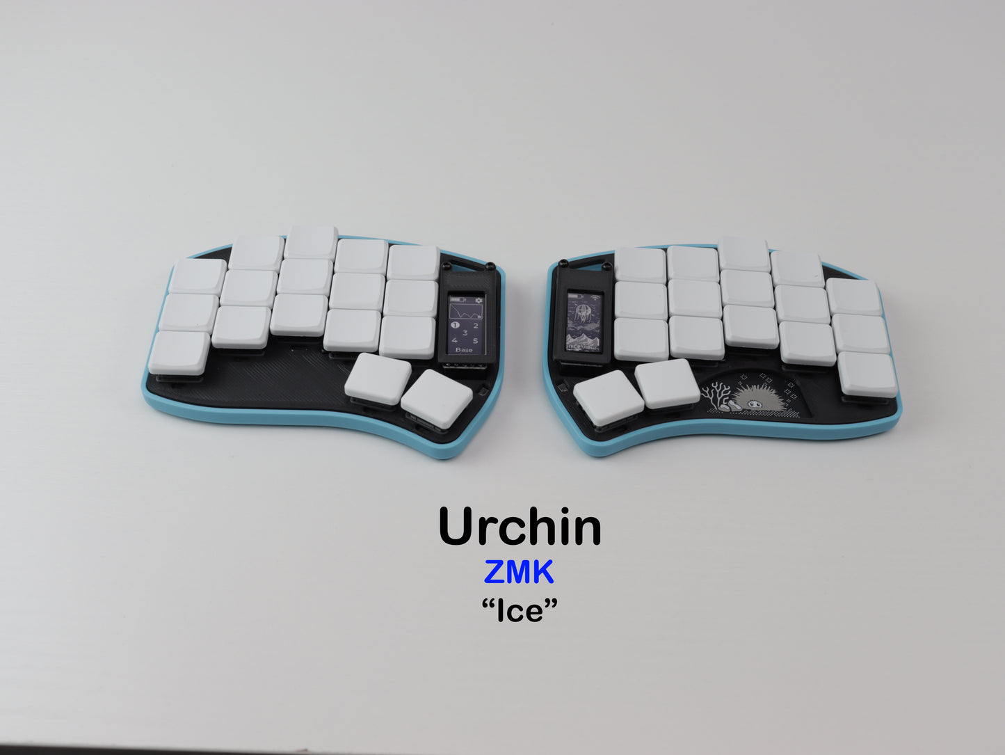 Two ZMK Urchin keyboards labeled 'Ice' on a light gray background