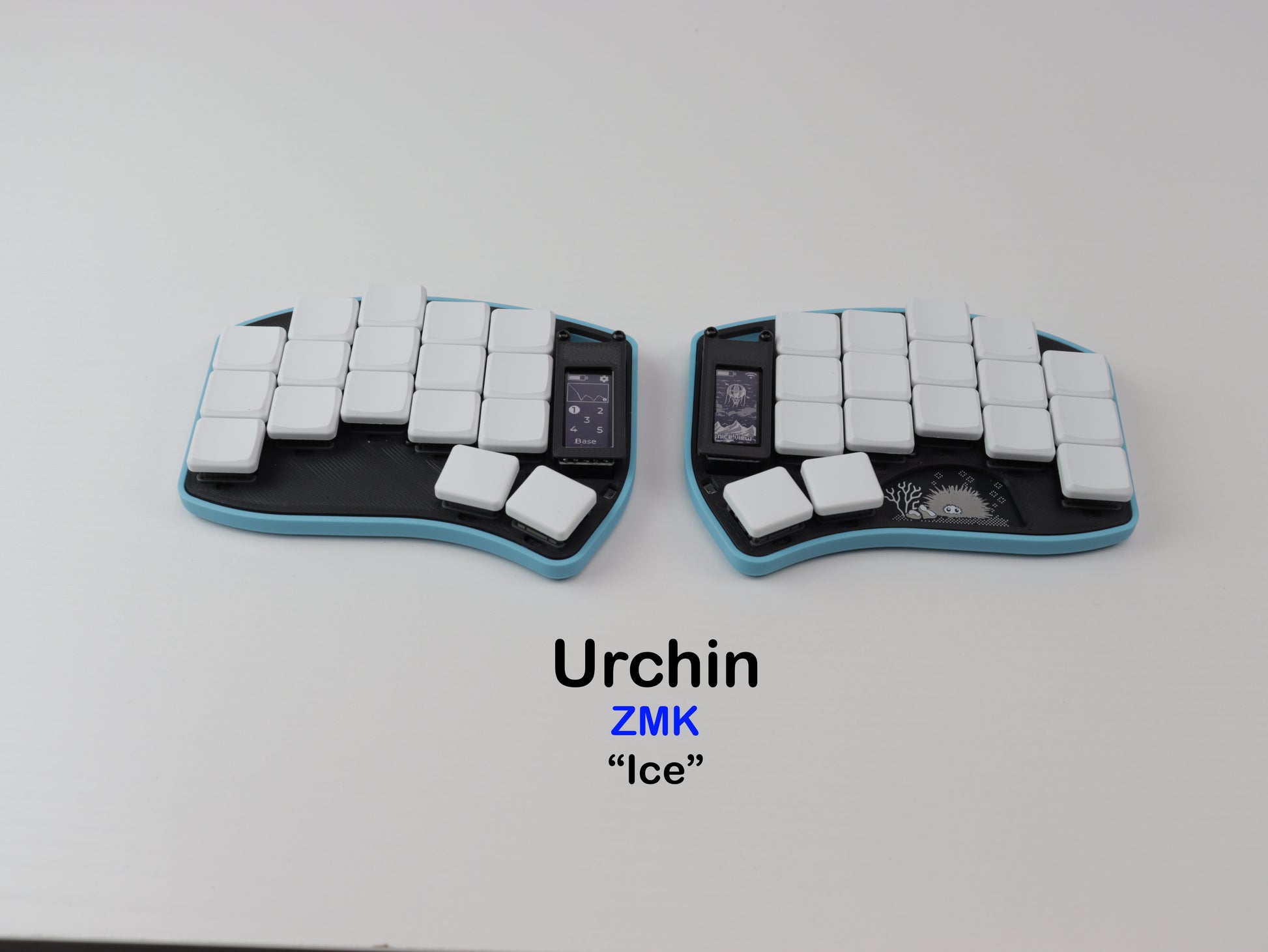 Two ZMK Urchin keyboards labeled 'Ice' on a light gray background
