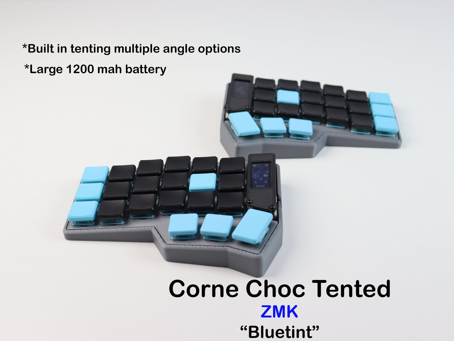 Corne Choc split ergonomic mechanical keyboard with black and cyan keycaps on a dark gray low-profile case, shown as two separate halves side by side against a light gray background