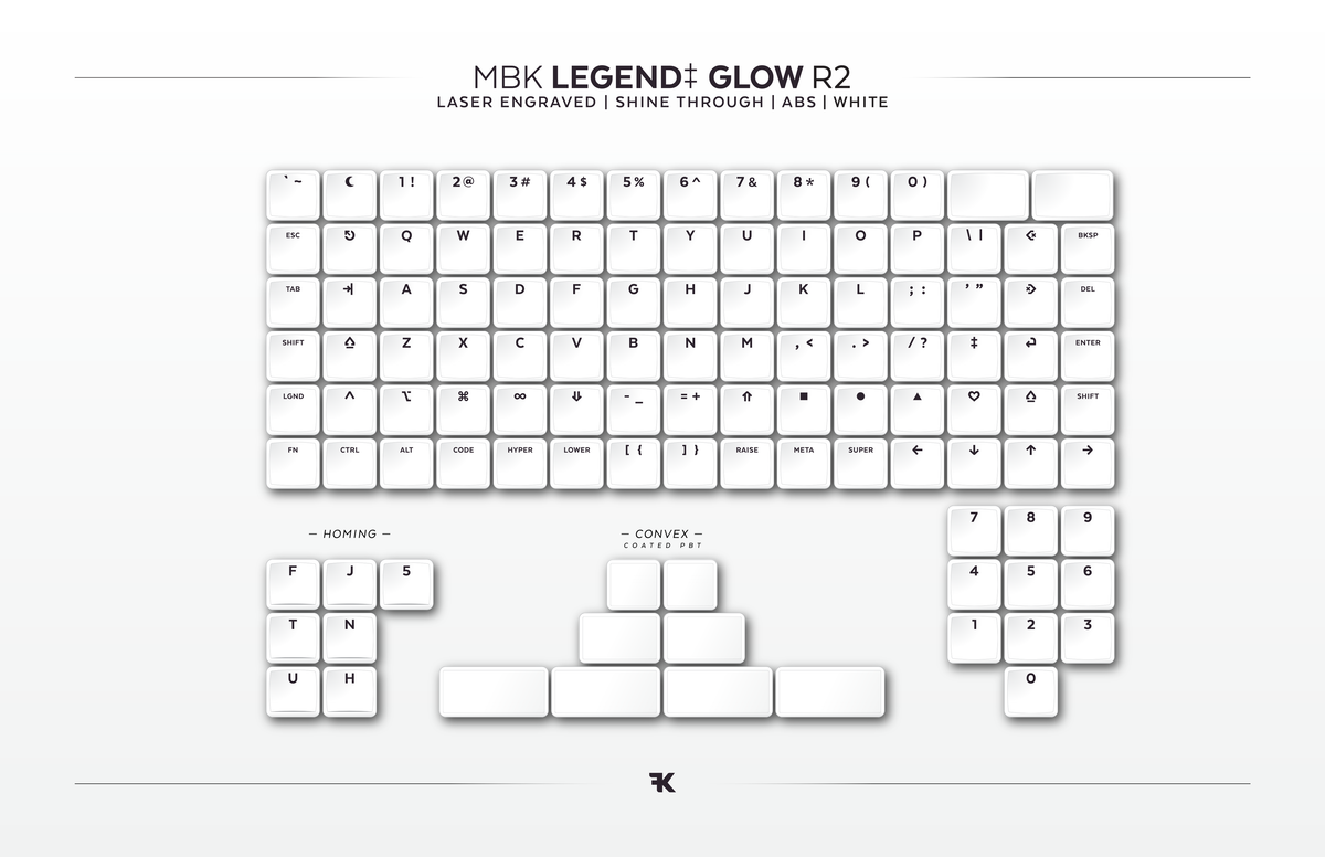 MBK Legend Glow R2 White - Choc V1 keycaps - Shine through